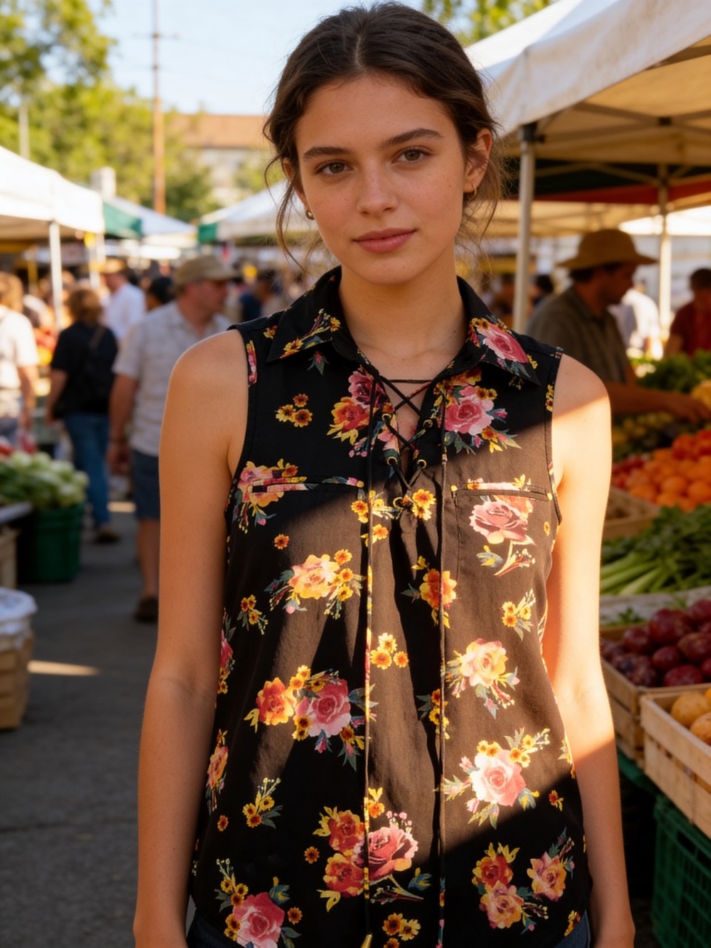Floral Lace-Up Black Women's Camisole